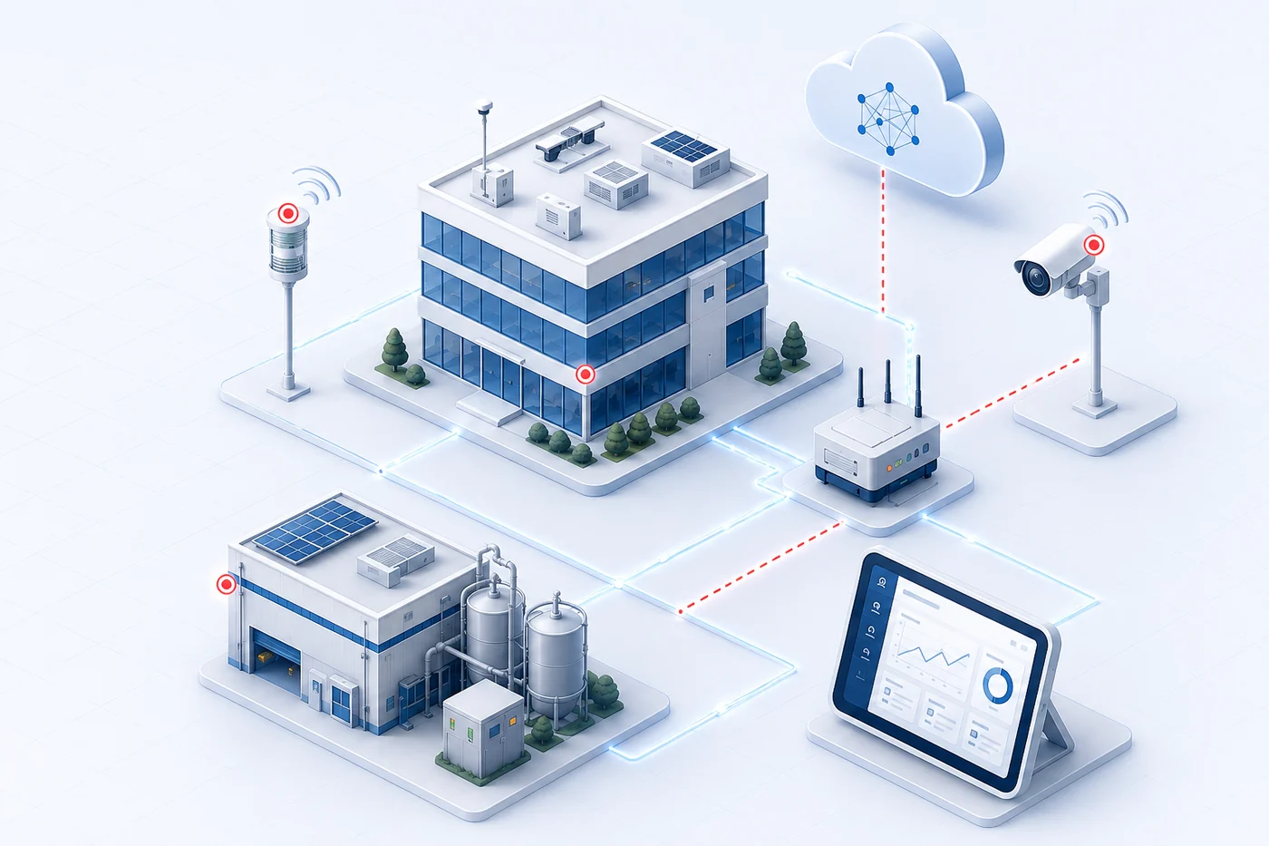 Concept illustration of connected building and industrial nodes, sensors, surveillance, edge gateway, cloud and monitoring interface