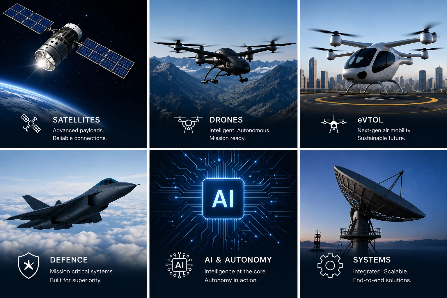 RASPACE capability areas covering satellites, drones, eVTOL, defence, AI and autonomy, and integrated systems