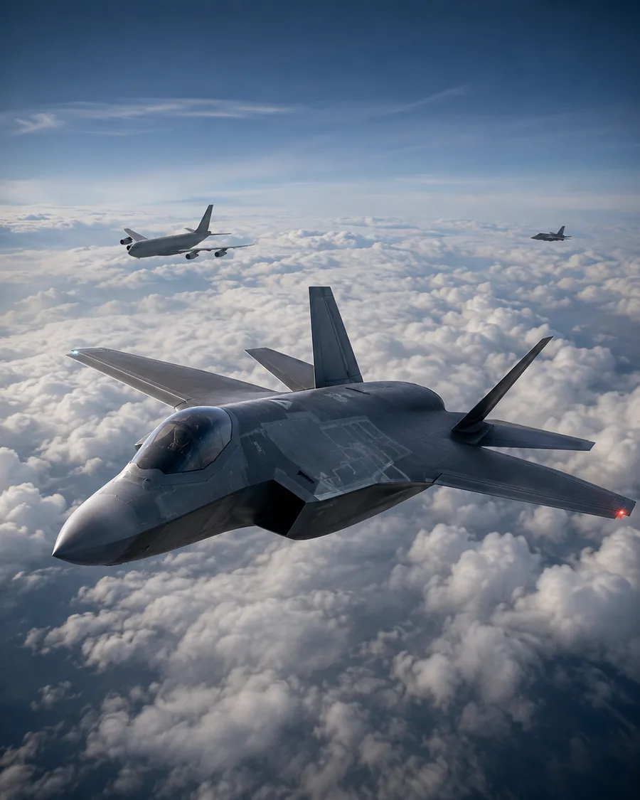 Advanced defence aircraft operating above cloud cover