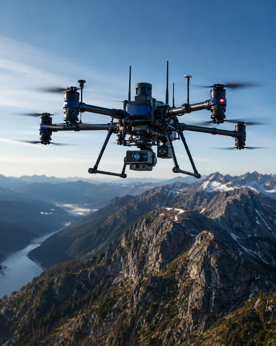 Industrial drone operating over mountainous terrain