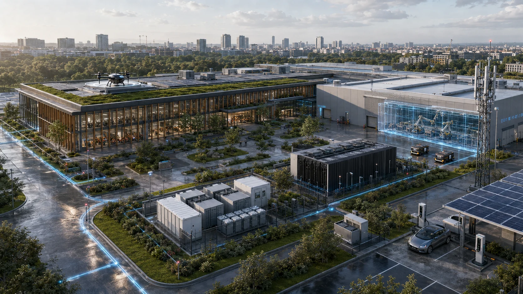 Concept smart-infrastructure campus integrating renewable energy, EV charging, edge systems, communications, robotics, autonomous vehicles and drone operations